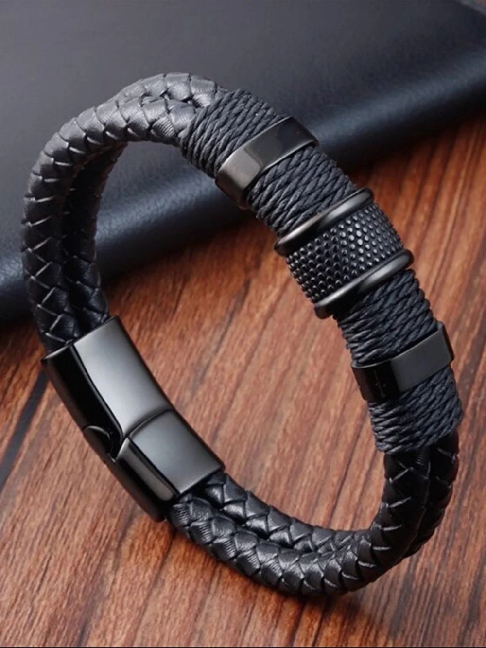 Men's Black Braided Leather Bracelet with Textured Gunmetal Accents